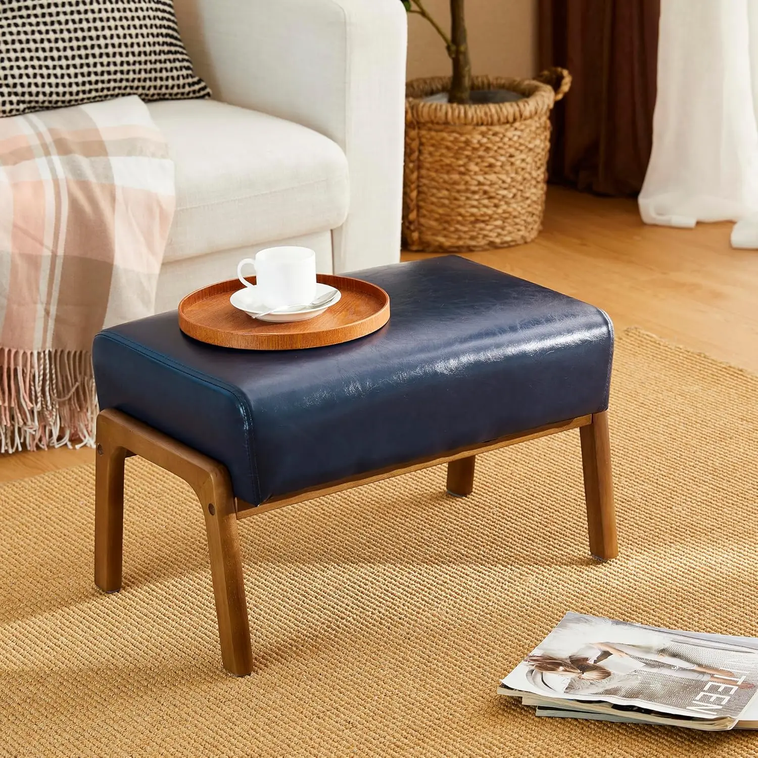 

Foot Stool, Leatherette Wooden Step Stool, Modern Rectangle Ottoman Wide Vanity Stool with Cushion for Couch Living Room