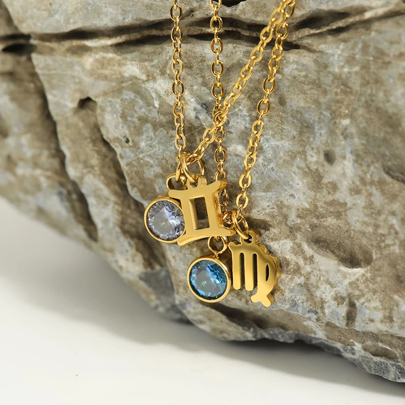 12 Zodiac Sign Birthstones Pendant Necklaces For Women 18K Gold Plated Stainless Steel Horoscope Collar Waterproof Jewelry Gift