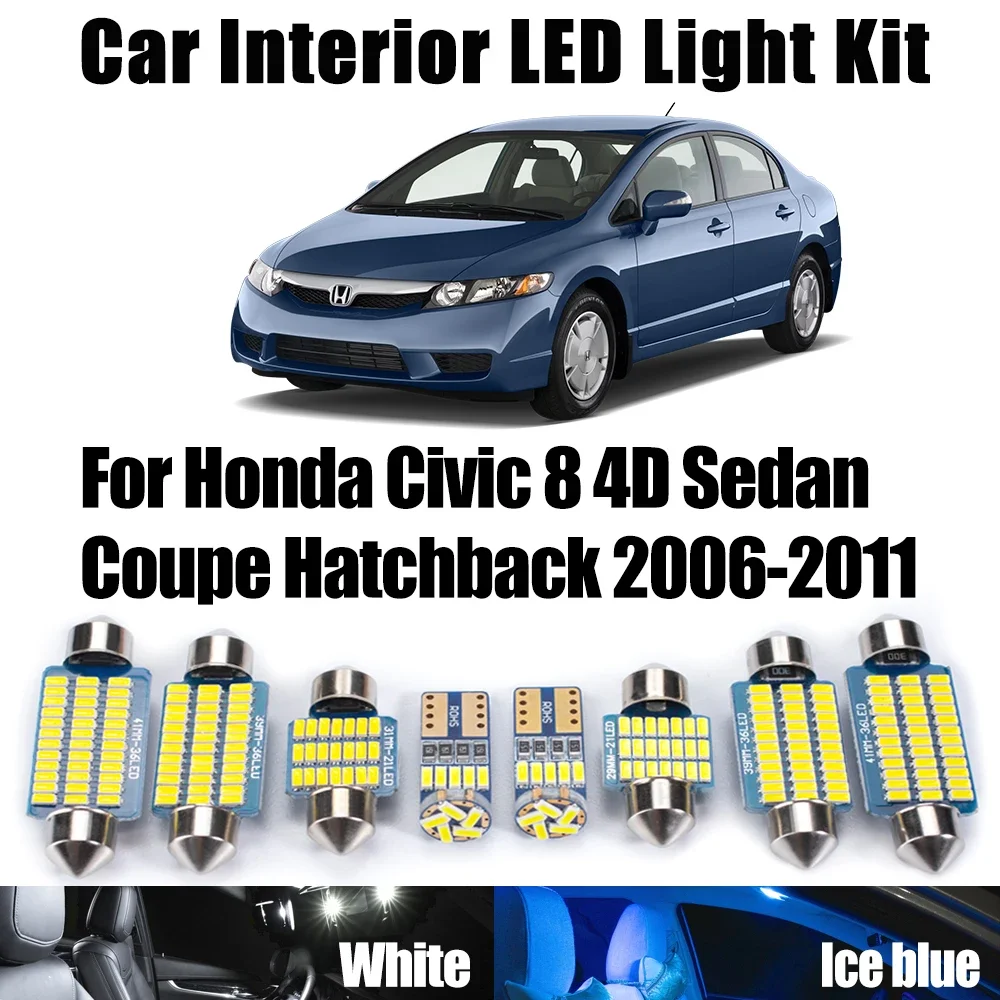 8Pcs Canbus For Honda Civic 8 4D Sedan Coupe Hatchback 2006-2011 Car Accessories LED Interior Map Dome Trunk Reading Light Kit