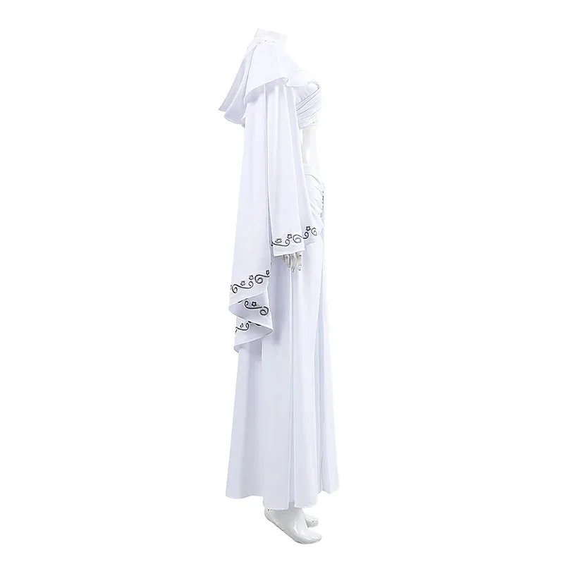 Padme Cosplay Amidala Abito bianco Costume Film Spazio Battaglia Travestimento Completo bianco Abiti Mantello con cappello Gonne Abiti di Halloween
