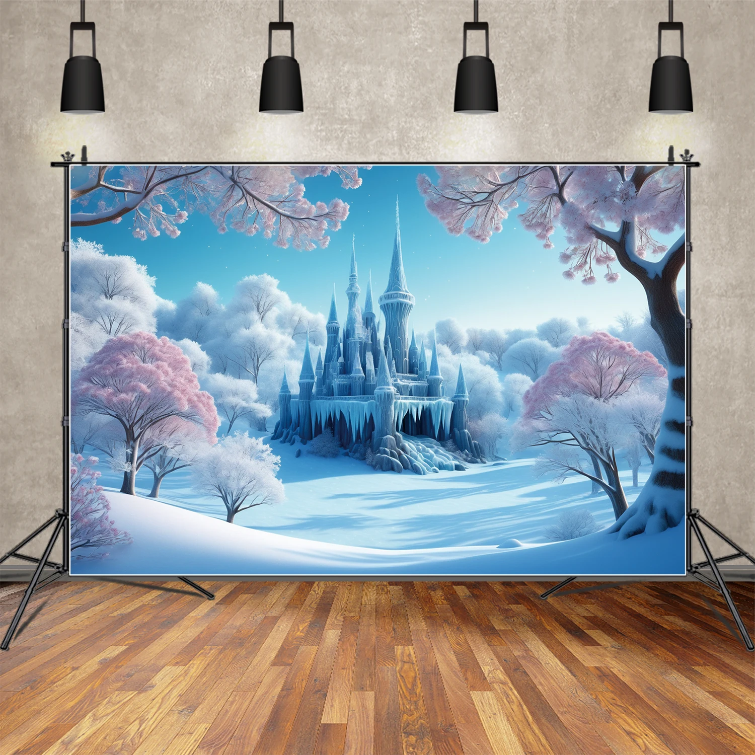 MOON.QG Blue Curtain Frozen Birthday Princess Party Backdrop for Girls 3D Garland Castle Background Photography Photocall Props