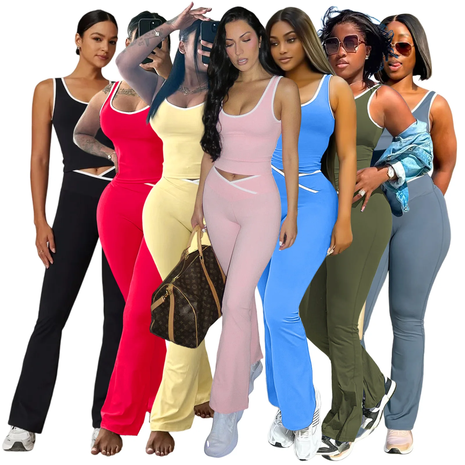 

Women Activewear Sets Summer Contrast Color Sports Tank Top Cross Flared Pant Casual 2 Piece Set Sportswear Gym Fitness Yoga Set