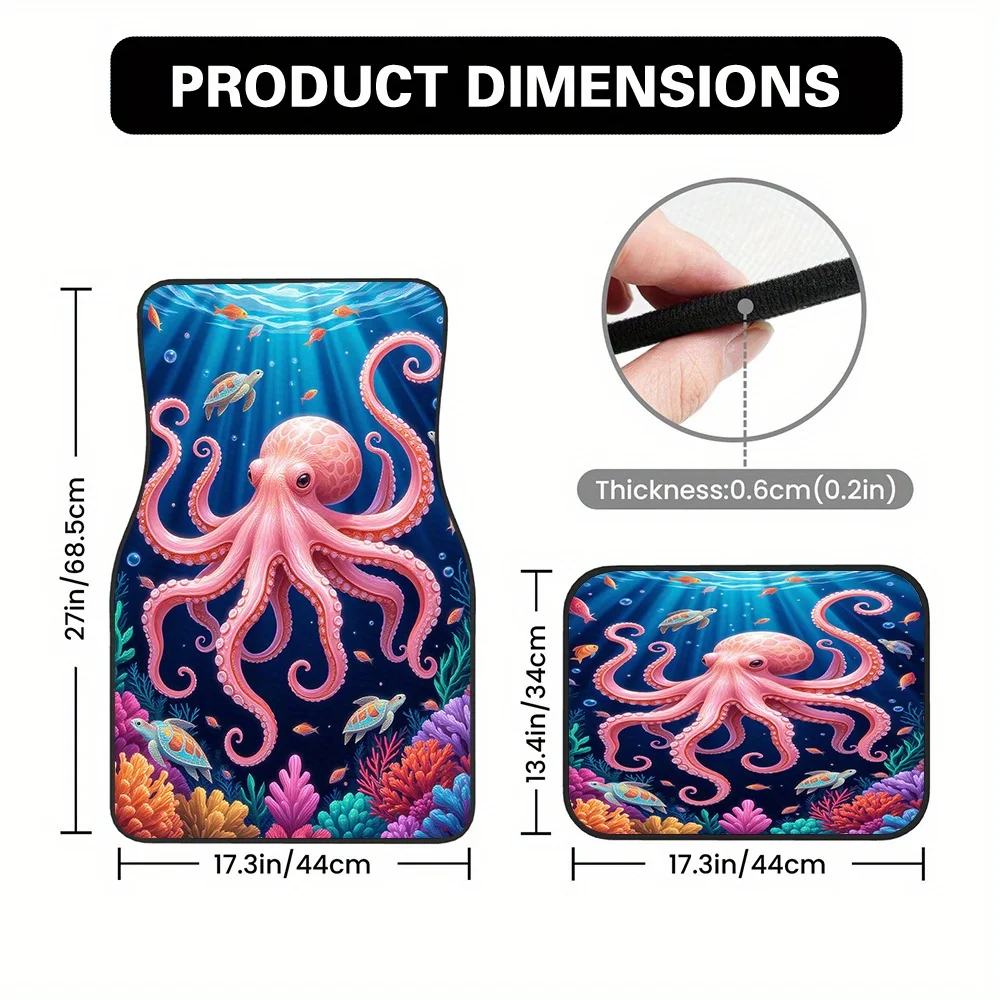 4pcs Car Foot Mats With Octopus, Fish & Turtle Ocean Scene - Non-Slip, Easy-Clean Surface, Fit For Sedans, Trucks, SUVs - All-We