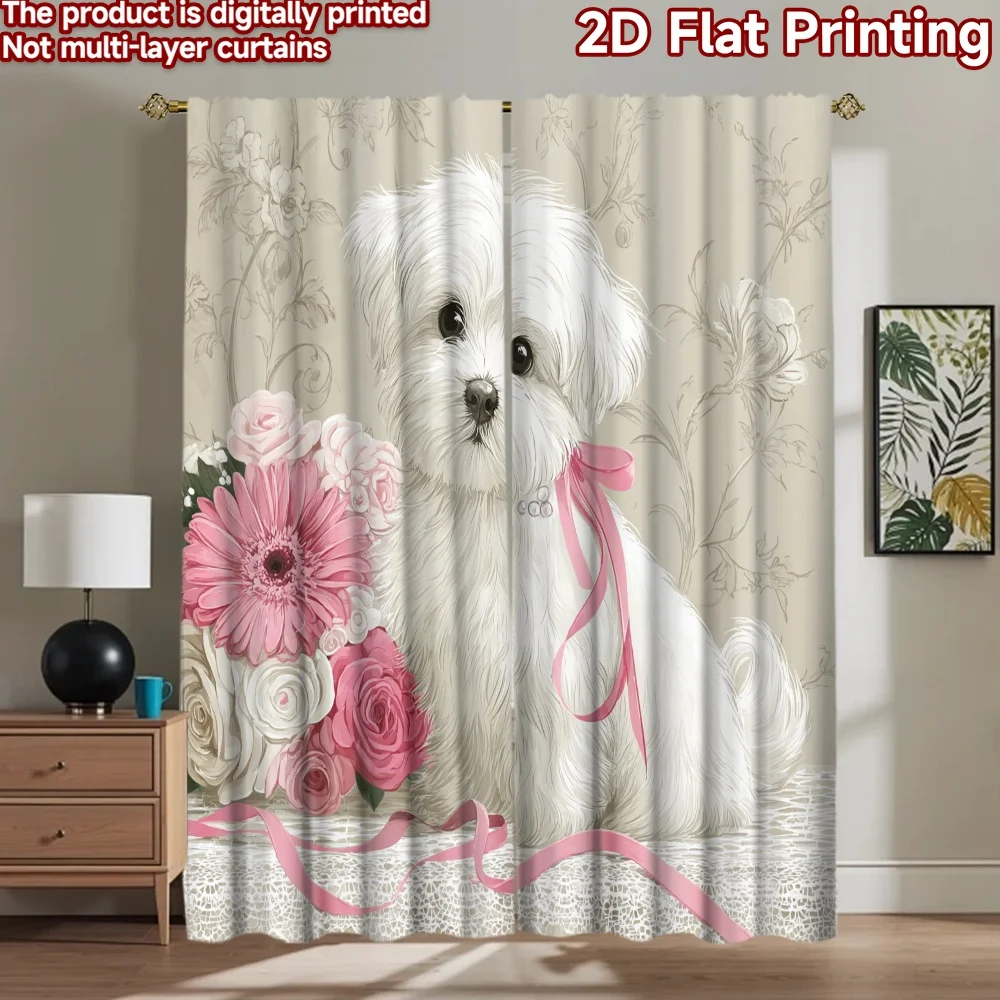 

2D flat printing 2pcs Scene Curtains Cute White Puppy Pink Bow Digital Printed Polyester Drapes Holiday Decorations for Booths