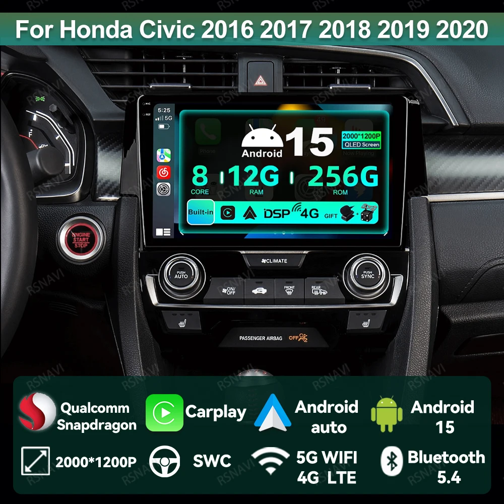 

Автомобильный радиоприемник Android 15 для Honda Civic 2016 2017 2018 2019 2020, головное устройство авторадио QLED, беспроводной Carplay Auto 5G WIFI DSP 4G LTE
