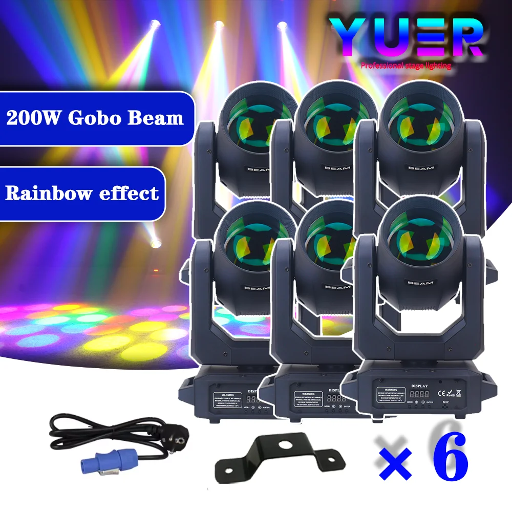 6Pcs/lot 200W LED Beam Moving Head Stage Spot Effect Lighting For DJ Disco Events Party DMX Lamp 8 Gobos Rainbow Beam Fixtures