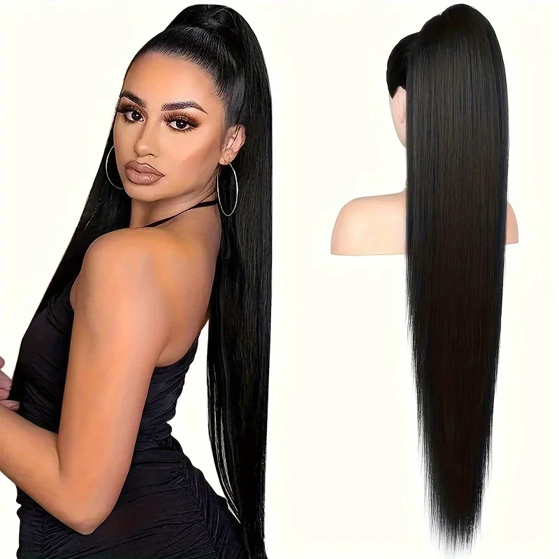 28-Inch Long Straight Ponytail Synthetic Extension for Women Drawstring Heat-Resistant Easy Styling Fit,Halloween Christmas