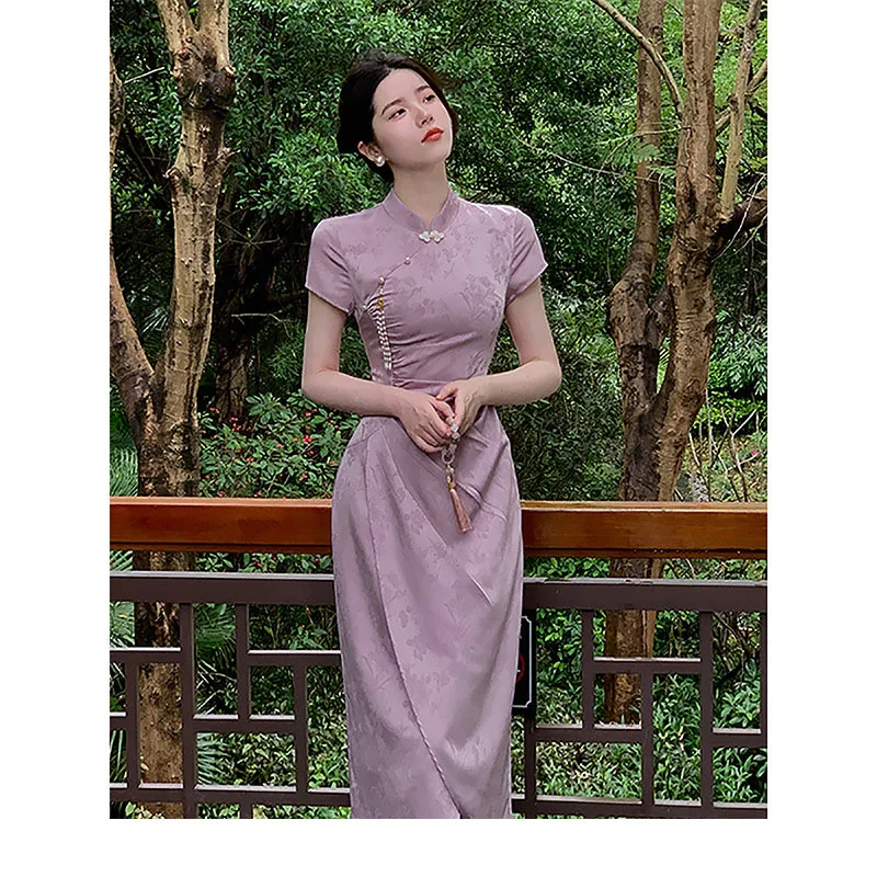 2024 verão roxo novo estilo chinês cheongsam jacquard manga curta vestido longo trajes de casamento vestido formal s a xxl