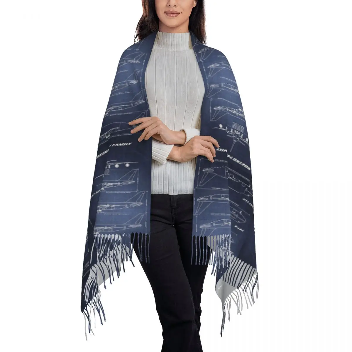 Boeing 747 Family Blueprint (dark Blue) Scarf Tassel Scarves for Women Soft Warm Shawls and Wraps Long Fall Winter Shawl Wrap