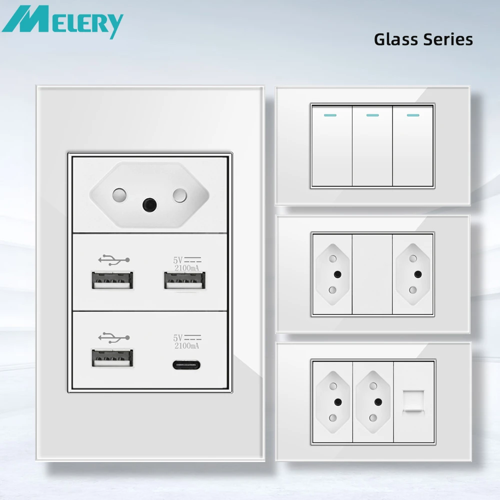 Melery White Tempered Glass Brazil Wall Socket 20A Double USB Tomada Type C Power Plug Pressure Switch  Outlet Home Office