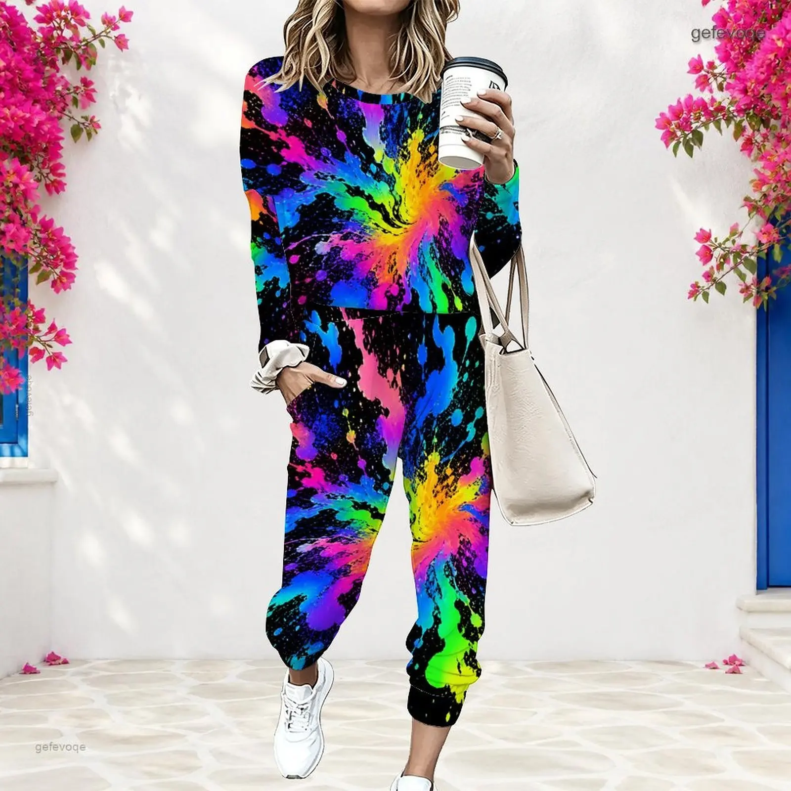 Women Round Neck Long Sleeve Cuffed Top Cuffed Pants Two Piece Printed Pants Set