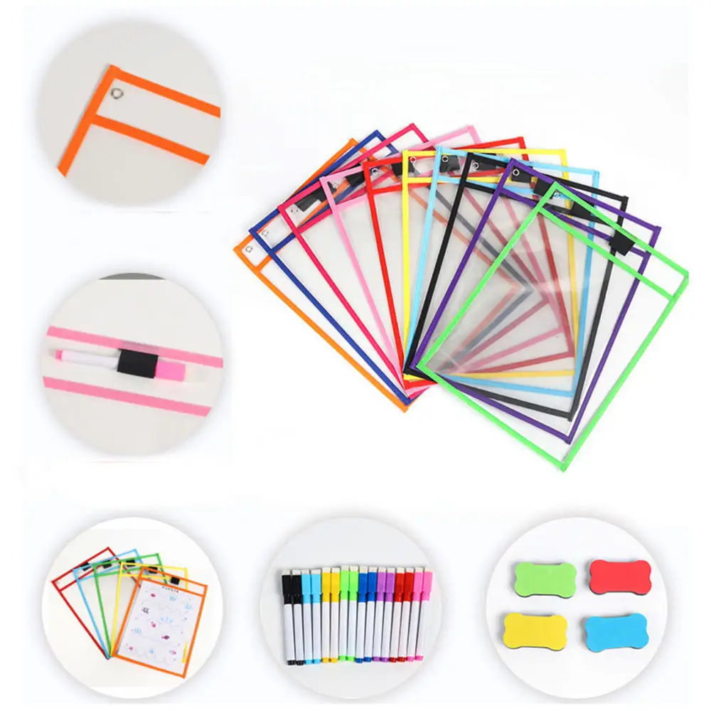 1pcs Random Reusable Dry Erasable Pockets Transparent Write and Wipe Drawing Board Shop Ticket Holder File Storage Bag