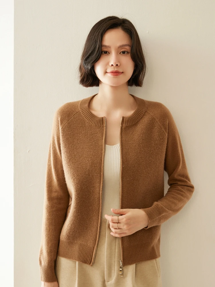 Autumn Winter Women O-neck Cashmere Sweater Zippers Cardigan Long Sleeve 100% Cashmere Knitwear Comfortable Female Clothing Top