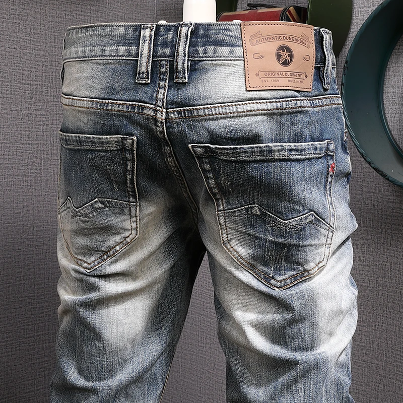 Italian Style Fashion Men Jeans Retro Blue Elastic Slim Fit Ripped Jeans Men Trousers High Quality Vintage Designer Pants Hombre