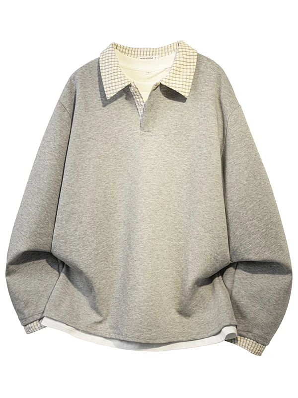 

Heavyweight Ne Sweatirt Men's Autumn Overhead Fake Two-Piece Long Sve T-irt American Casual Knitwear