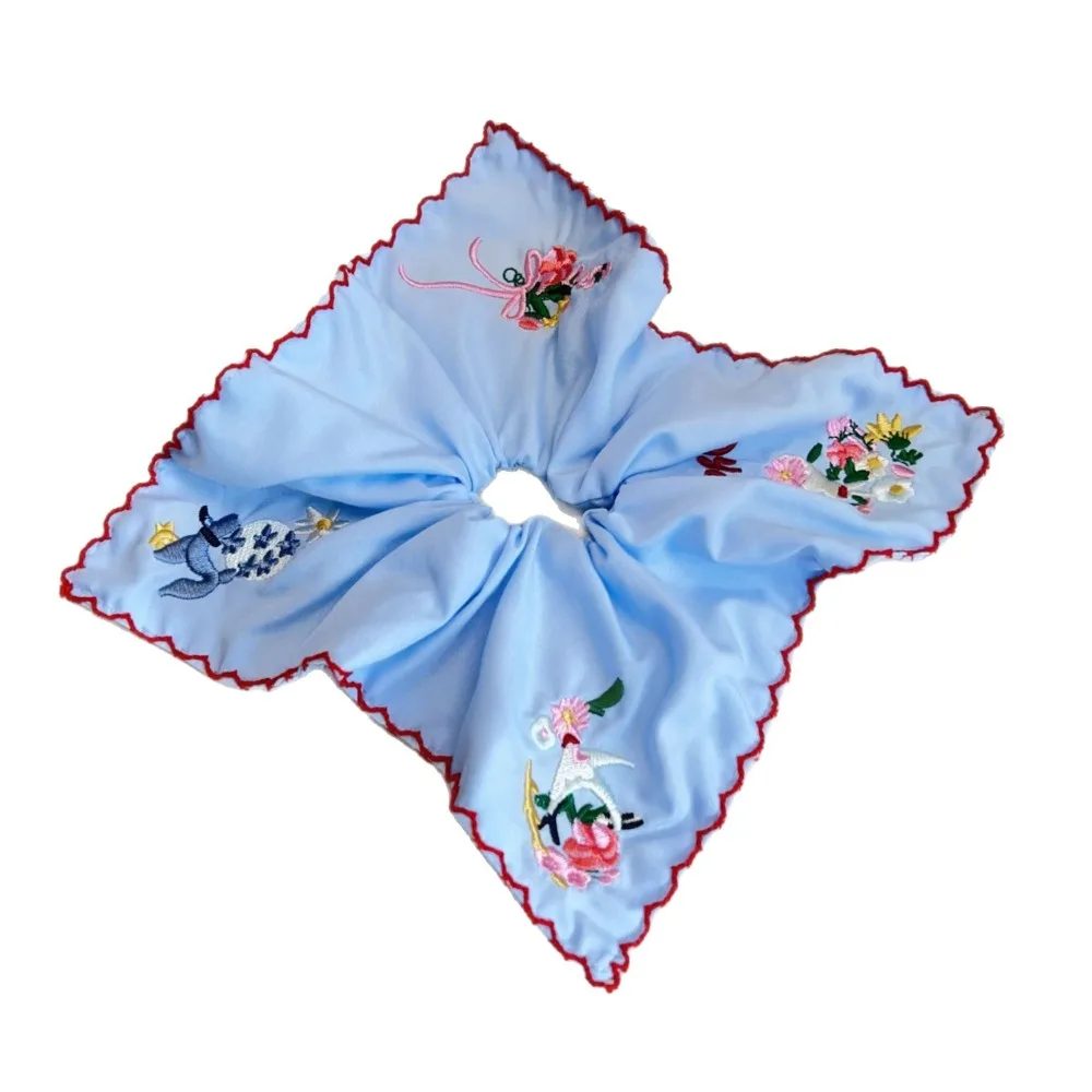 Ikat Rambut Bordir Bunga Retro Aksesoris Rambut Persegi Tali Rambut Bermotif Bunga Ikat Rambut Biru