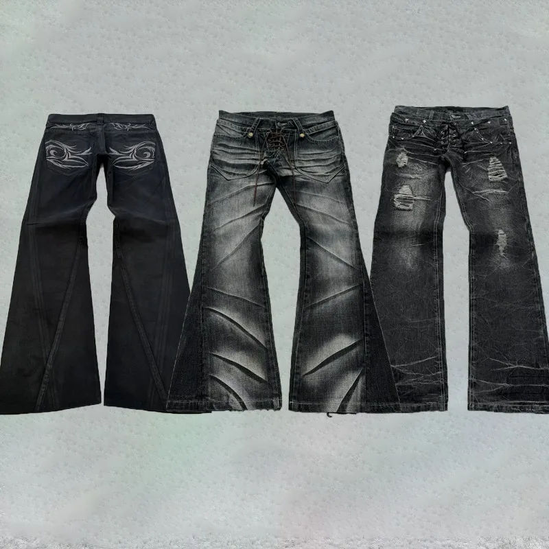 

Y2K Gothic Baggy Horn Jeans Tribe Embroidered Pocket Hot Stamping Pattern Retro Jeans Stylish Hip Hop High Street Unisex Jeans