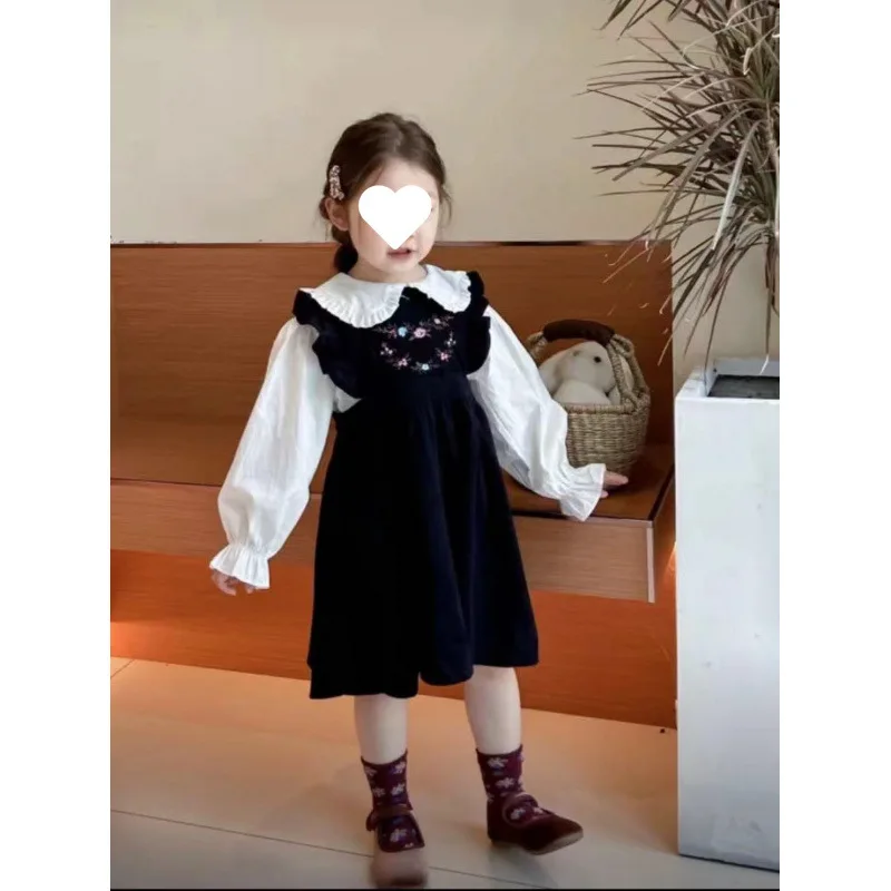 

Girls Corduroy Floral Print Dress Shirt Suit New French Style Simple Doll Children's Baby Shirt Spring and Autumn Dress