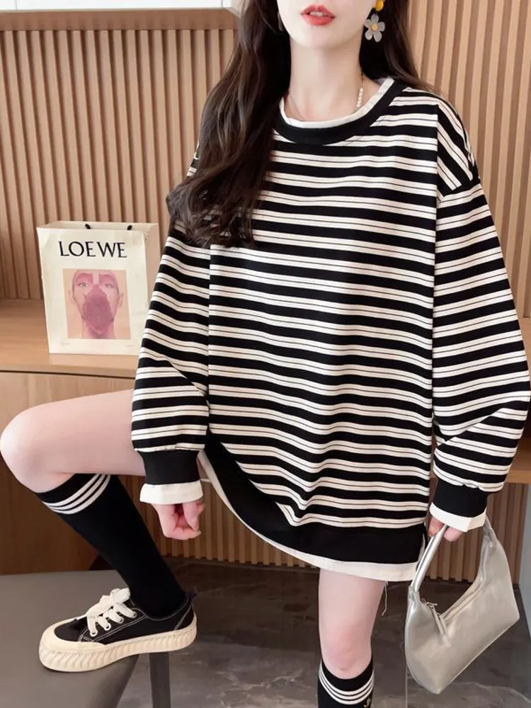 

plus Size Women's Faionable Korean Striped Sweatirt Loose Fit Spring Autumn Top 300 Pou Slimming Versatile Casual Wear