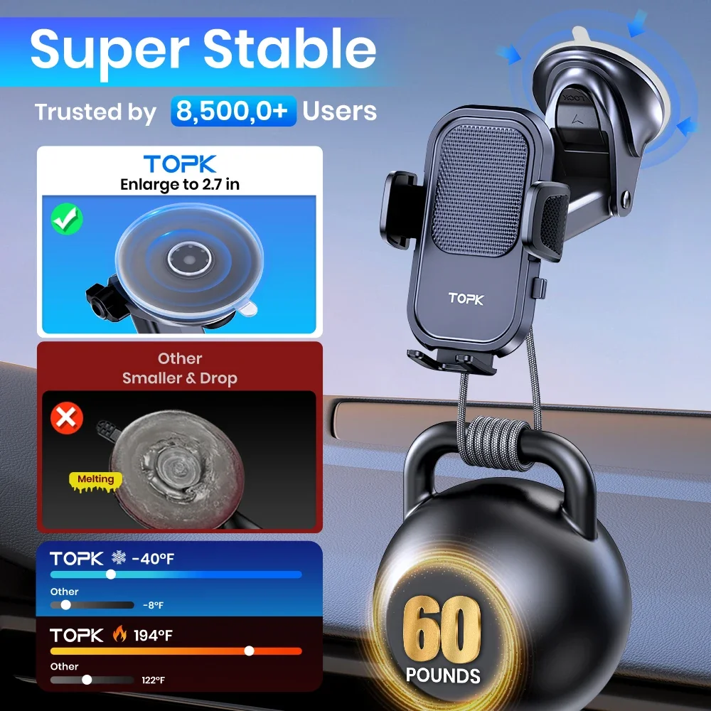 TOPK Car Phone Holder Adjustable Dashboard & Windshield Mount | Ultra Stable, Universal for All Smartphones