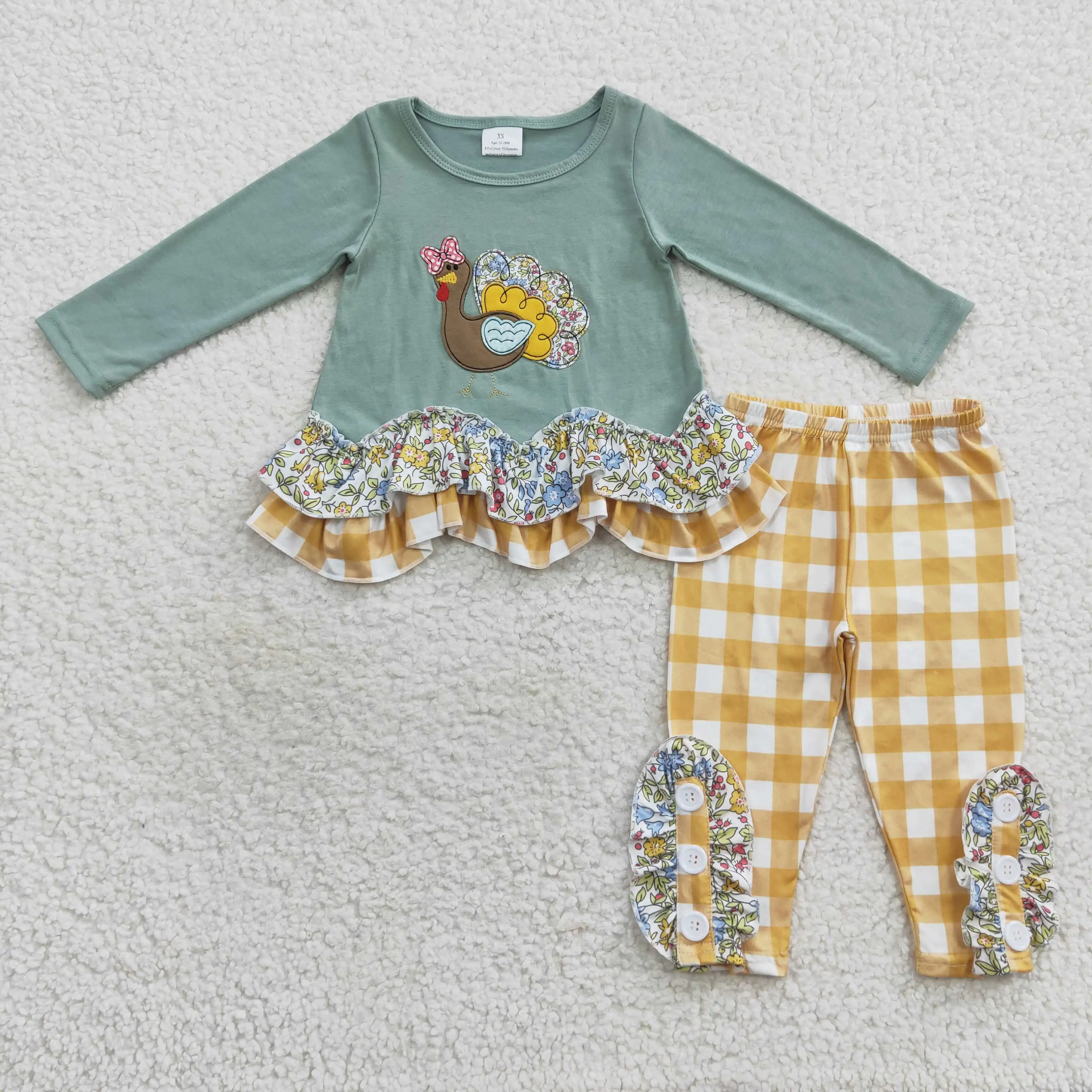 Wholesale Baby Set Embroidered turkey flower lace Set Fall Winter Outfits Thanksgiving Girl Clothes