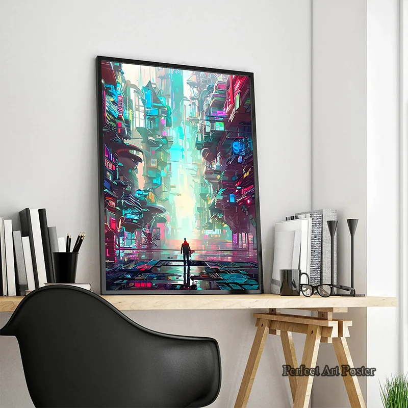 Neon Cyberpunk Future City Street Canvas Poster Aesthetics Anime Hot Classic Car Art Living Room Wall Decoration Picture NO LED