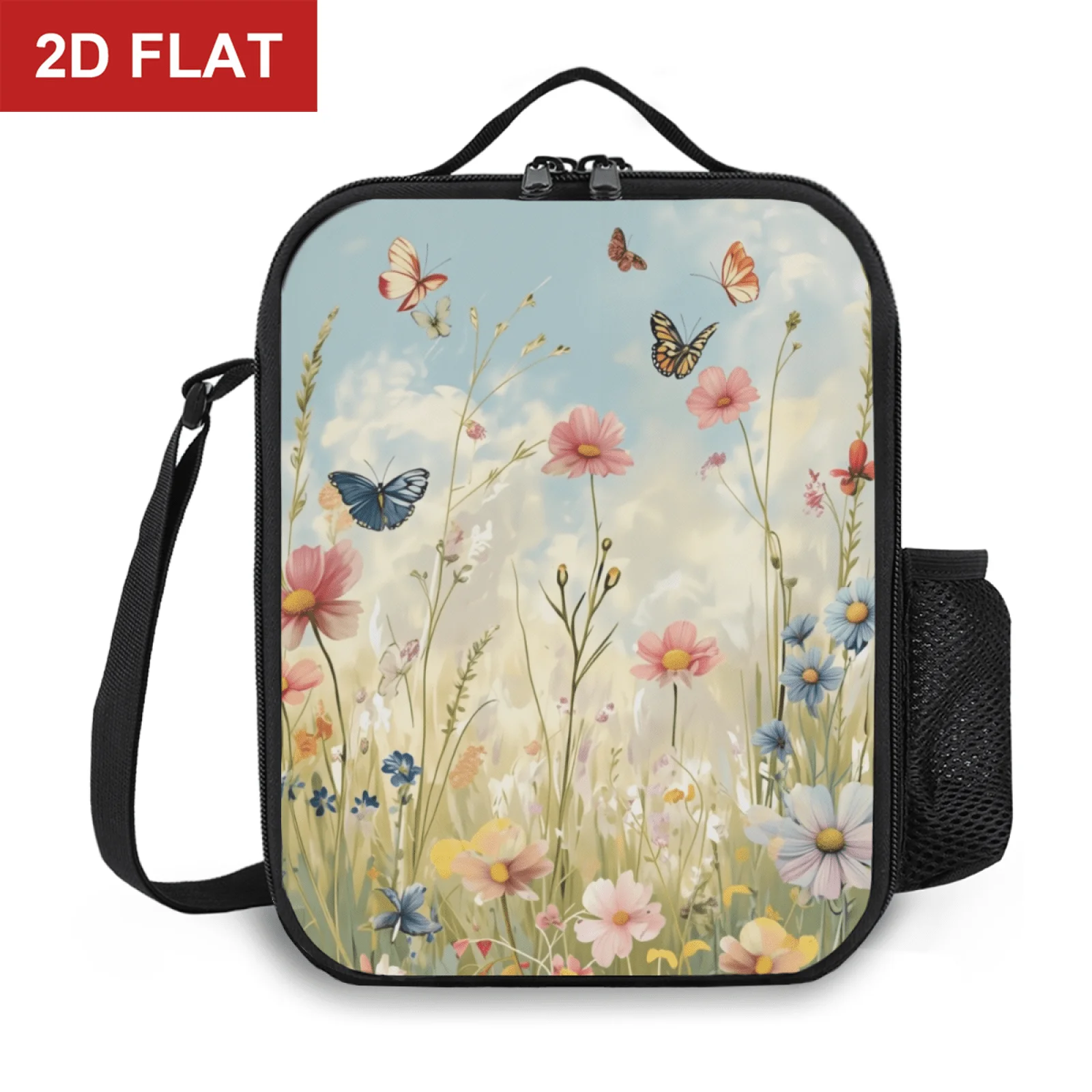 Floral Butterfly Print Insulated Lunch Bag Adjustable Strap for School Commute Outdoor