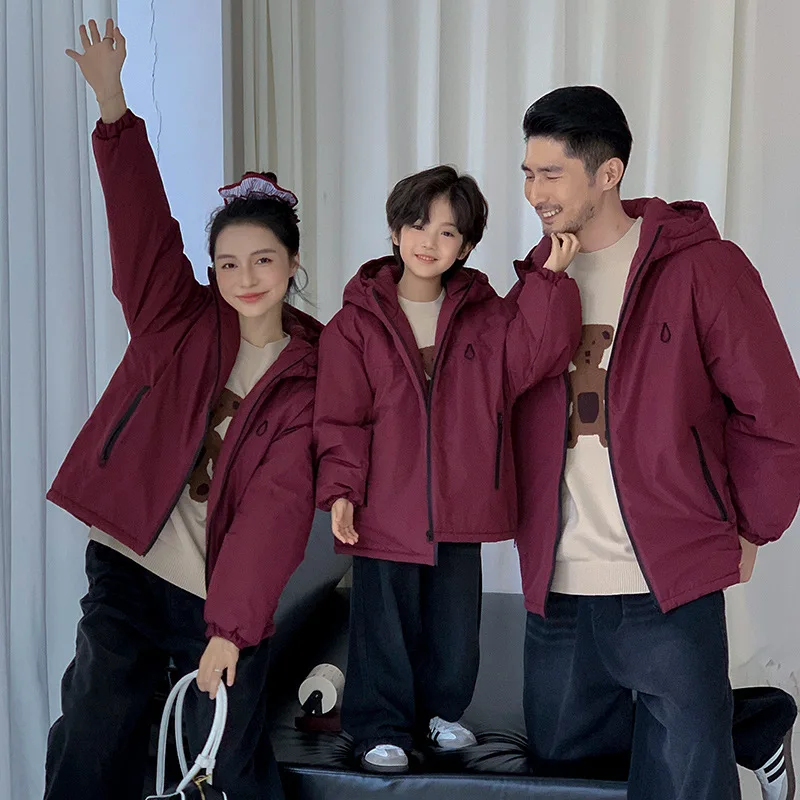 Winter Korean Style Family Matching Jacket Parent-Child Outfits 3-4 People Padded Hooded Coat Thickened Warm Cotton Lined Coat