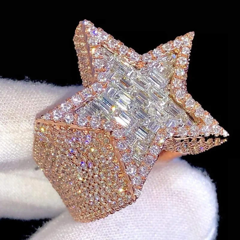 

Men's Hip Hop championship ring Full Iced Baguette Diamond Star Design Custom Ring Solid 925 Silver VVS Moissanite Ring