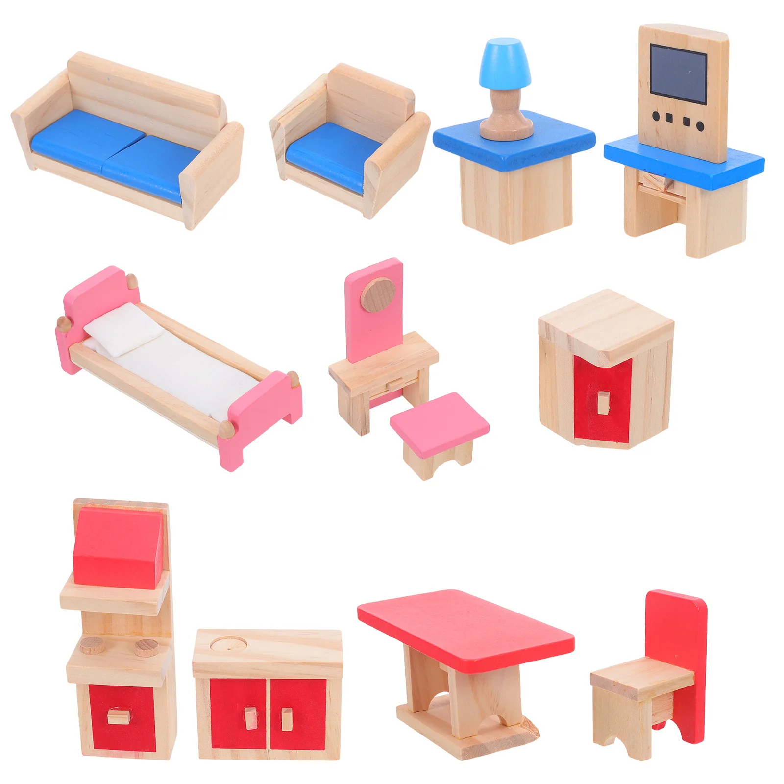 1-set kindersimulatiemeubels Houten miniatuur poppenhuismeubelset met slaapbank Dressoir Kaptafel Fantasiespel