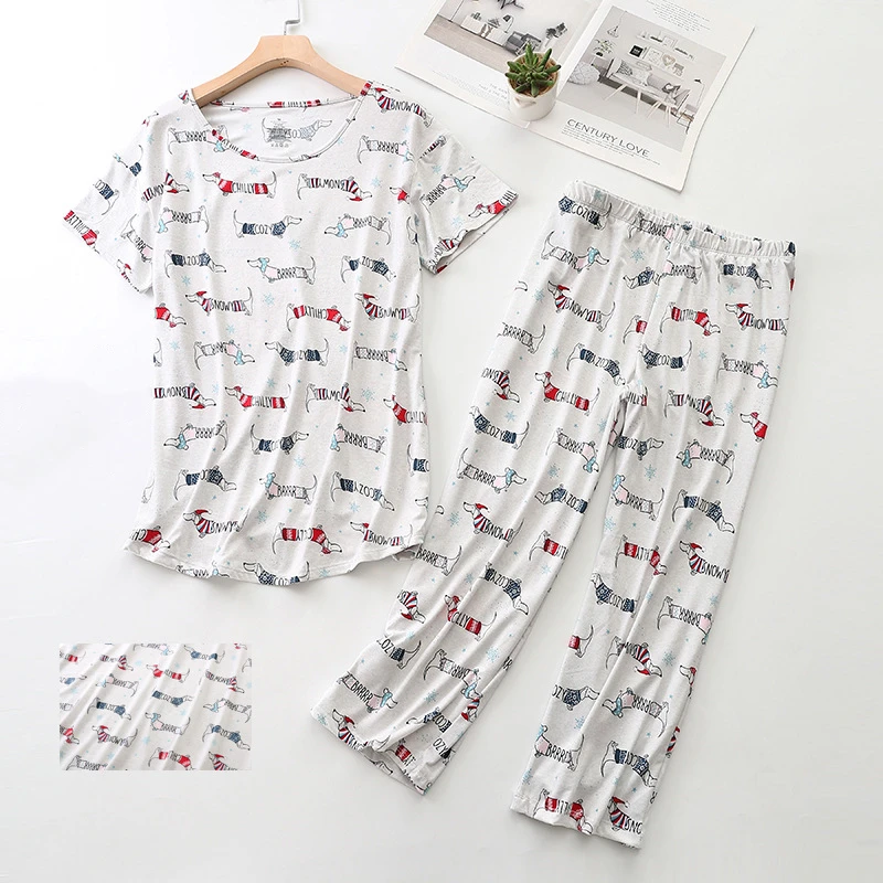 

Cute Women's Pajamas Set Dachshund Teckel Two Pieces Short Sleeve Tops Three Quarter Pants Capris Sleepwear Big Size S-3XL 9901