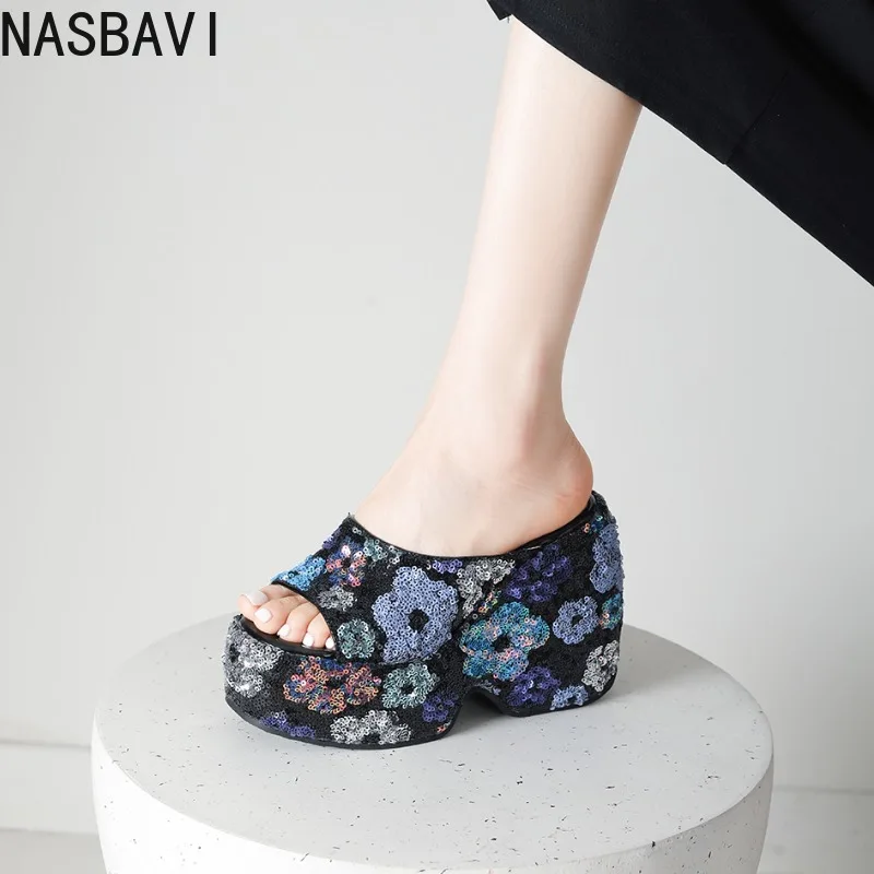 

NASBAVI Black Wedge Sandals Women Pink Flower Print Platform High Heels Slippers Summer Ladies Shoes Silver 11CM Heeled Sandals