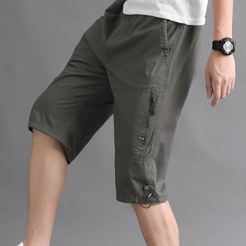 Men\'s Clothing High Waisted Solid Color Pockets Zipper Elastic Casual Summer Capri Pants Straight Cargo England Style Shorts