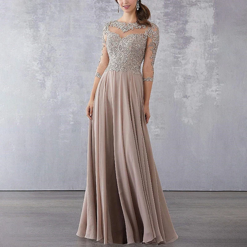 فستان سهرة نسائي بلون الشمبانيا مع خط عنق وهمي ثلاثة - أكمام دانتيل ربع فستان أم العروس لحفلات الزفاف #1