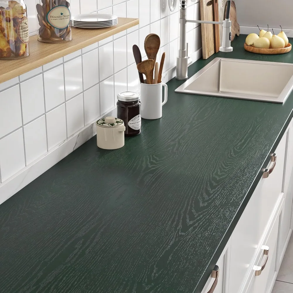 Kit de cobertura de bancada verde à prova d'água, 24 x 394 polegadas, design de madeira verde escuro para contadores de cozinha