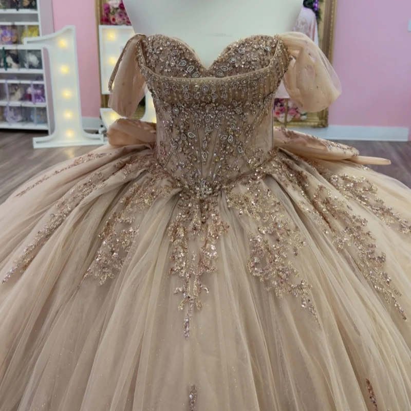 

Champagne Quinceanera Dresses Off the Shoulder Crystal Glitter Decal Long tail Beads Bow Vestido De 15 Quinceanera Customize