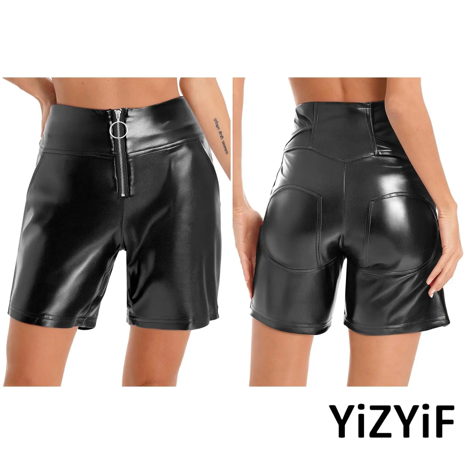

Womens Glossy Metallic Shiny Motor Biker Short High Waist Zipper Pockets Bodycon Short Leggings Tight Riding Dance Safety Shorts