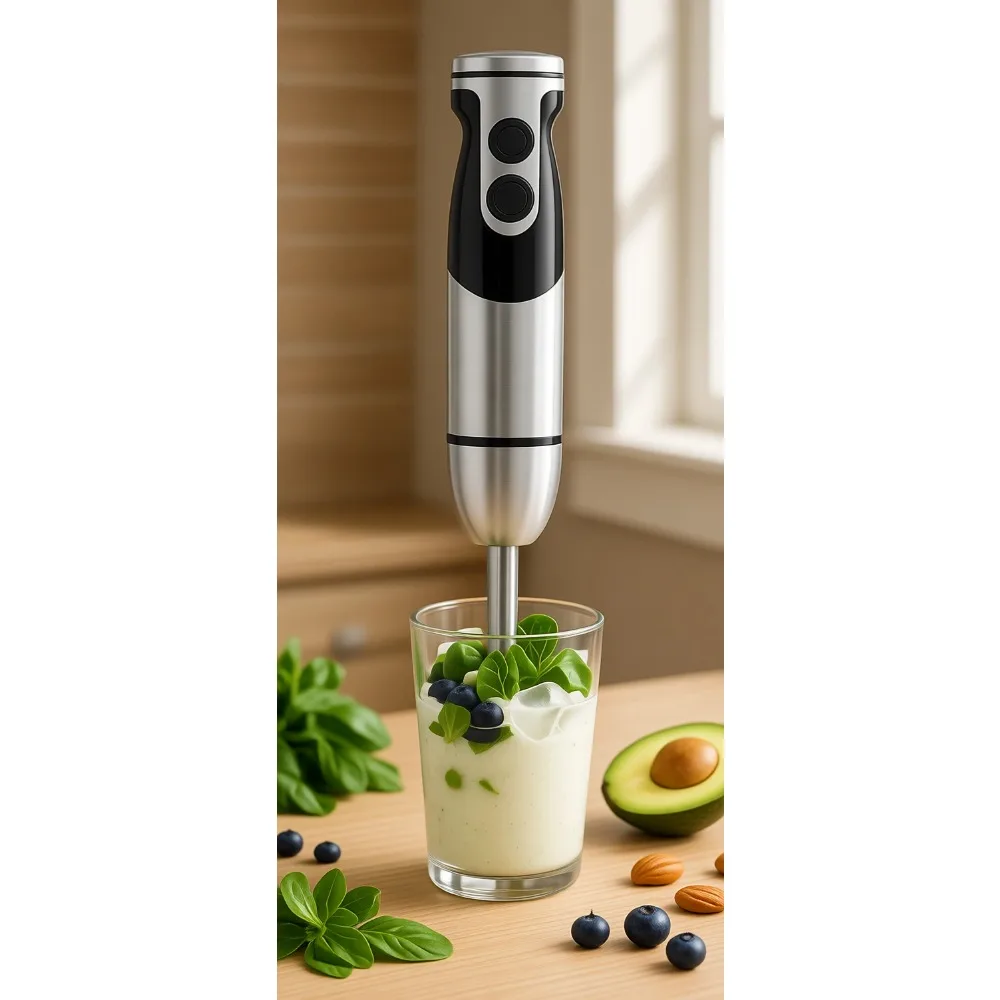 Stainless Steel Titanium Reinforced 3-in-1 Immersion Hand Blender with 12 Speeds Whisk and Milk Frother