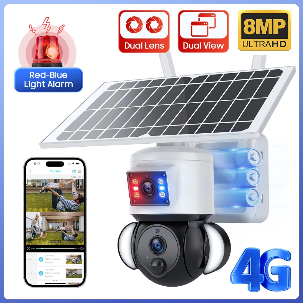 tela dupla lente camera solar 4g sim humanoide rastreamento de seguranca ao ar livre ptz vigilancia bateria camera ubox app 4k 8mp 01