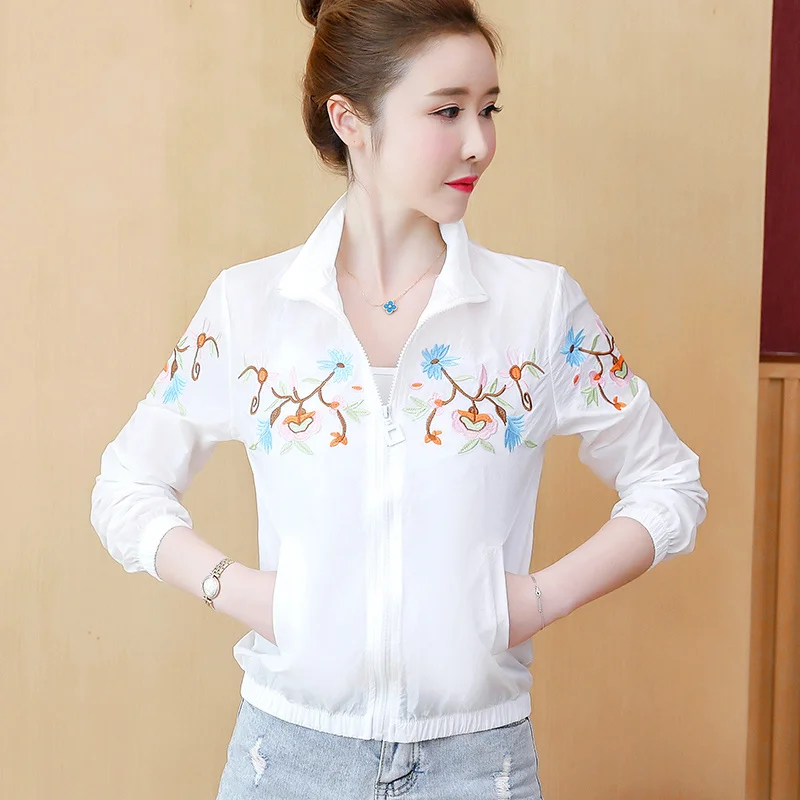 #5312 White Yellow Pink Baseball Jacket Women Embroidery Flower Short Outerwear See Through Clothes Thin Perspective Coat Female