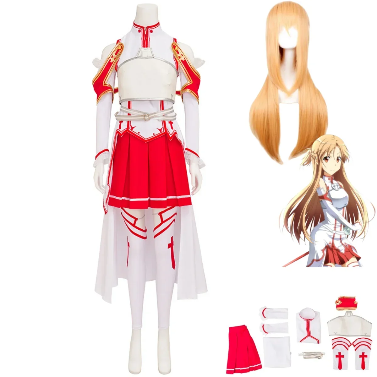 Anime Sao Sword Art Online Yuuki Asuna Cosplay disfraz peluca blanco rojo uniforme de combate falda mujer Sexy carnaval traje de Halloween