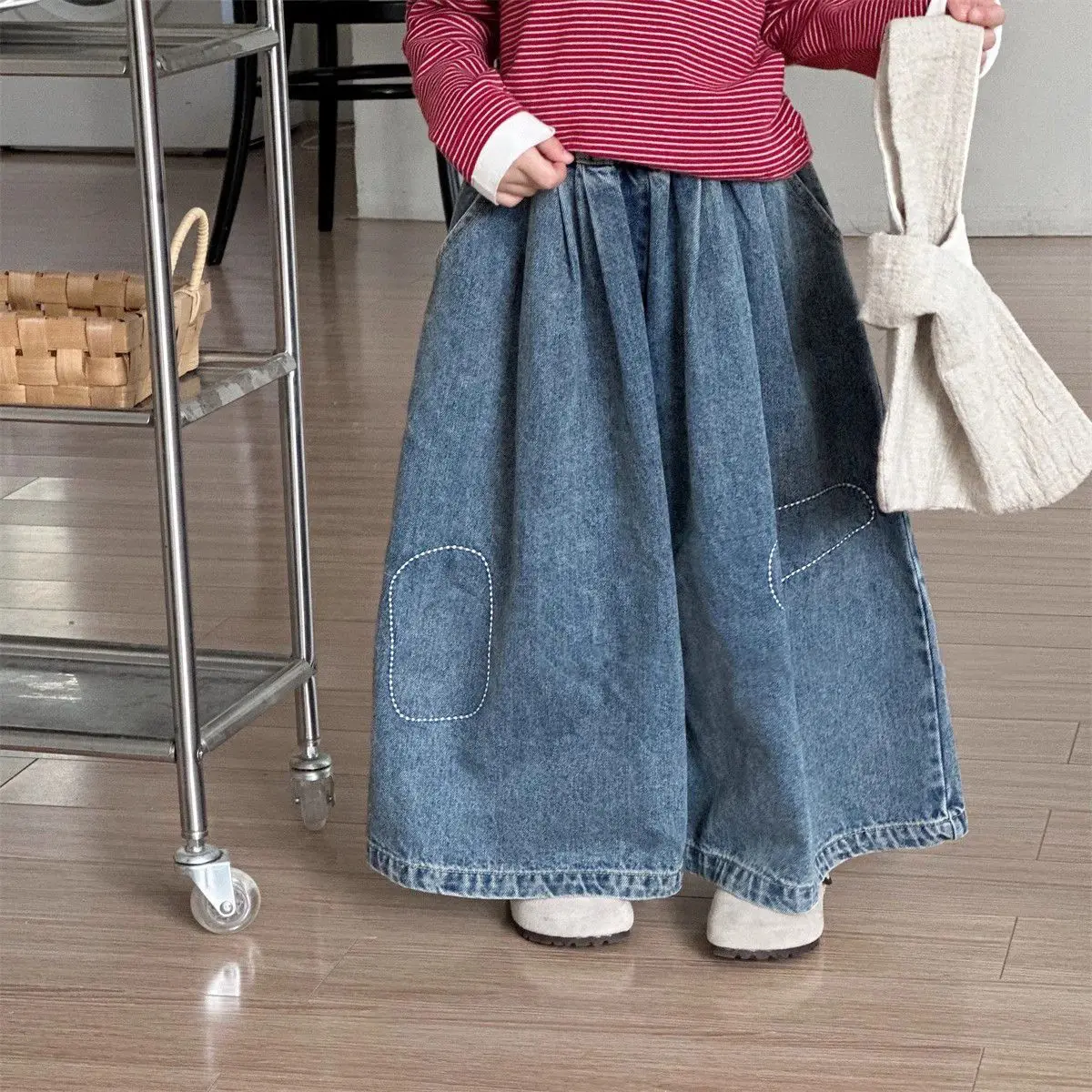 Autumn Children Girl Wide Leg Pant Cotton Embroidery Toddler Kid Girl Jeans Retro Ruched Babys Girl Pant Korean Little Girl Pant
