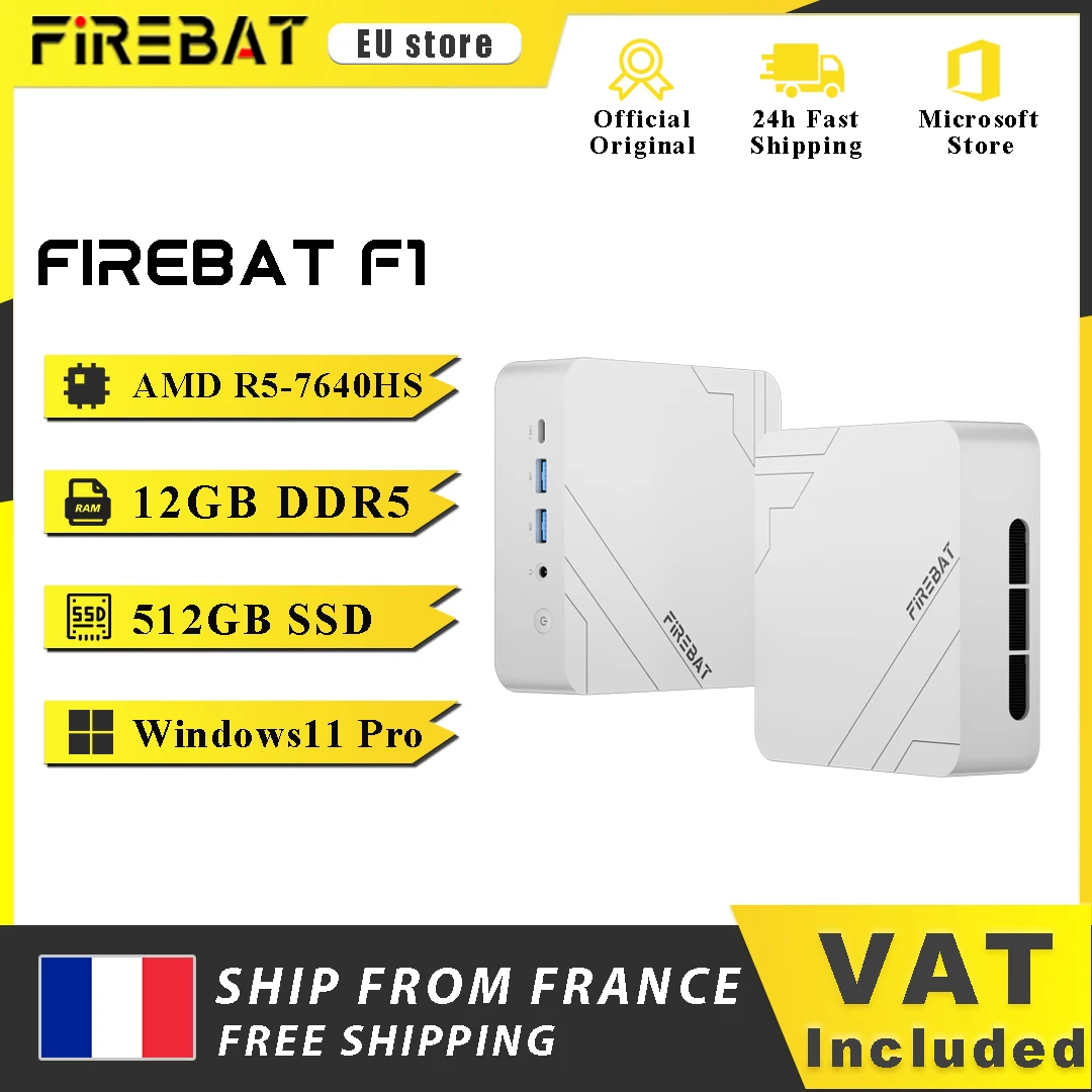 Firebat Mini PC F1 AMD Ryzen 5 7640HS Ordinateur de bureau de jeu 12 Go DDR5 512 Go SSD Windows 11 pro Wi-Fi 6 USB4.0 Ordinateur compact