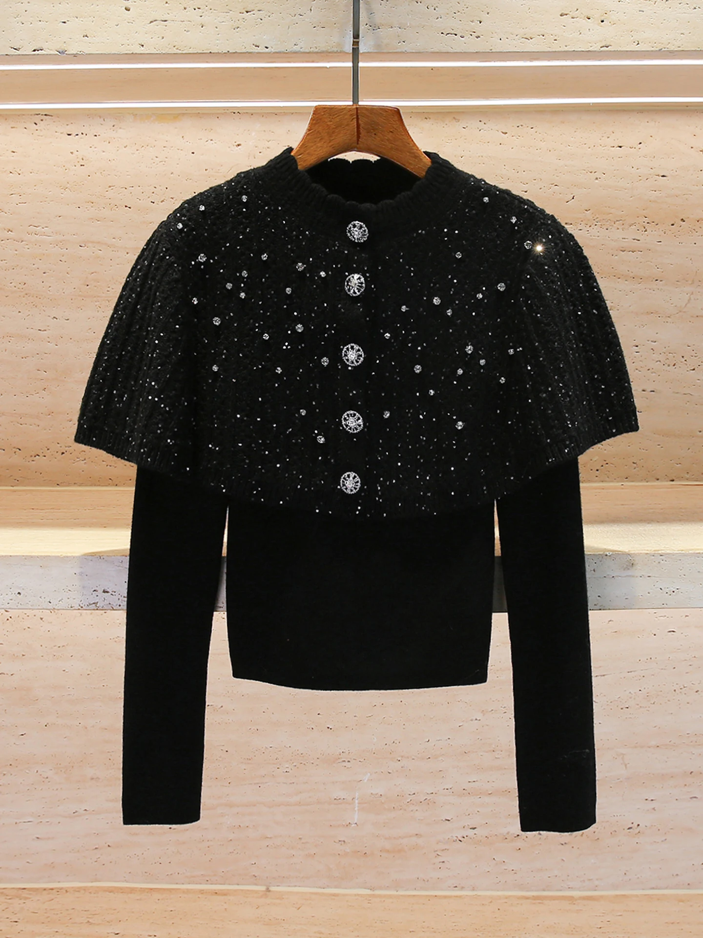 

Роскошный зимний женский вязаный свитер, пальто, комплект из двух предметов с блестками, простой круглый цвет Ne Long Sve