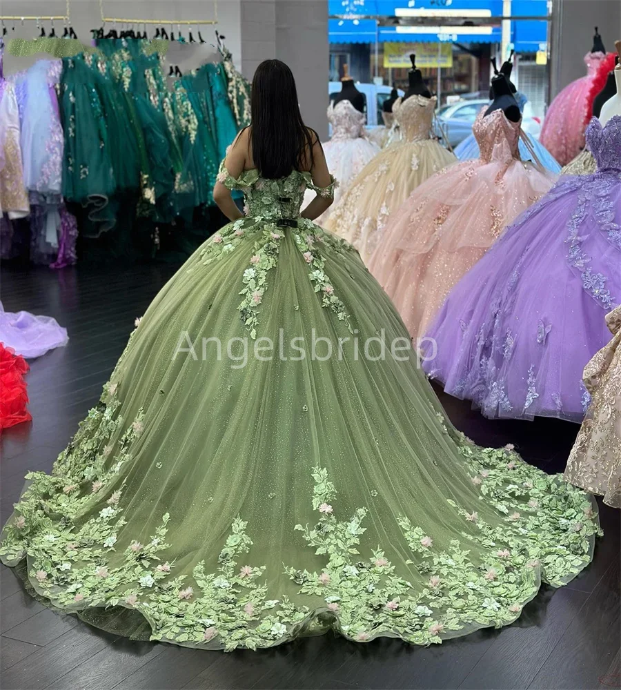 Angelsbridep-Vestidos De quinceañera De color verde salvia personalizados, Vestidos mexicanos De 15 años, fiesta De cumpleaños Floral hecha a mano en 3D, 2025