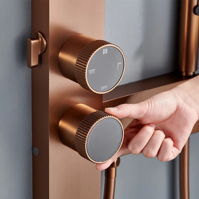 2026 Hot Sale Bathroom Brass Waterfall Rainfall Thermostatic Triple Handle Brushed Shower Set Slide Bar Panel Wall Mounted view 6