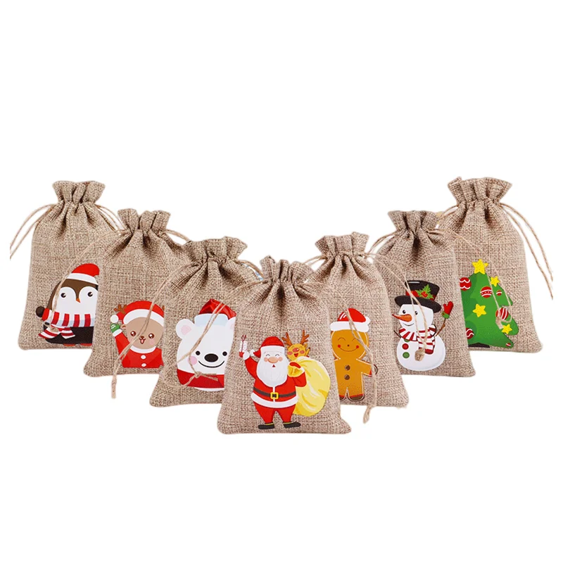 

50pcs 10x15cm Christmas Burlap Bags Santa Claus Jewelry Packaging Bags Wedding Party Decoration Snowman Candy Gift Drawable Bags