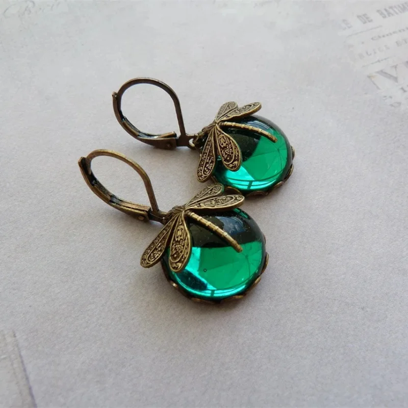 Vintage Bronze Dragonfly Earrings Fashion Gold Color Metal Carving Pattern Inlaid Moonstone Drop Earrings for Women Jewelry image 4