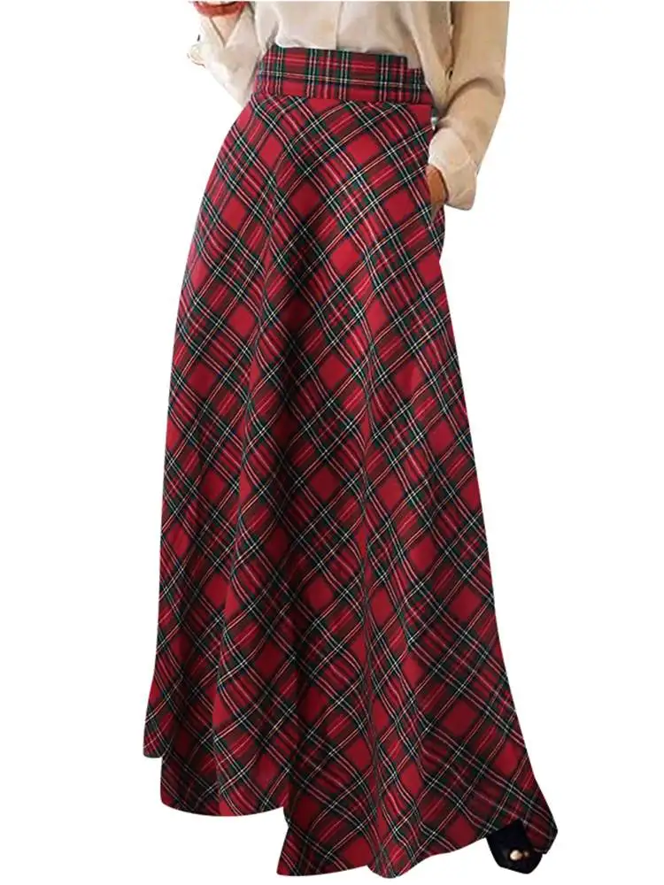 Fashion Women Checked Long Skirt Vintage Autumn Sundress ZANZEA Casual High Waist A-line Faldas Saia Loose Maxi Skirts Jupe Robe
