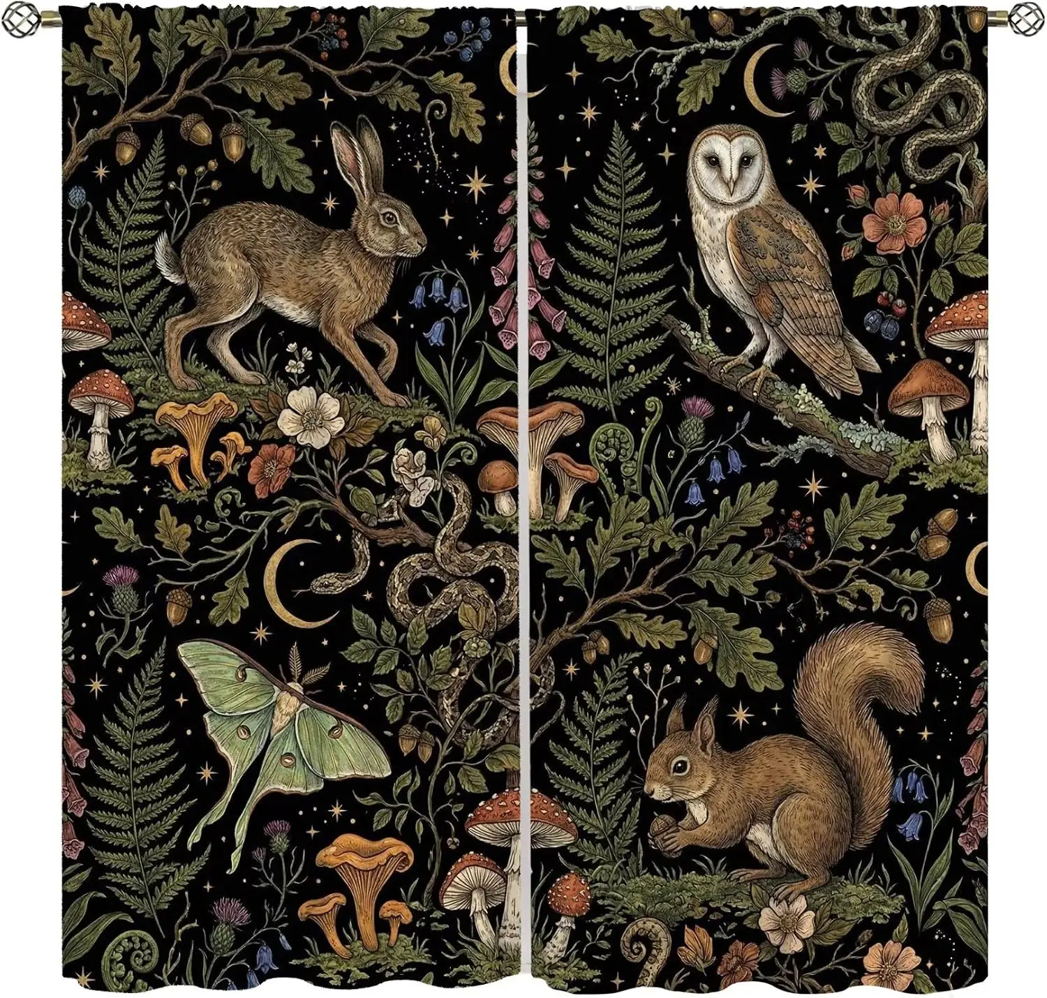 Dark Night Forest Curtain 2 Panels, Owl Hare Squirrel Mushroom Star Moon Black Print, Drapes for Bedroom Gothic Decor Curtain